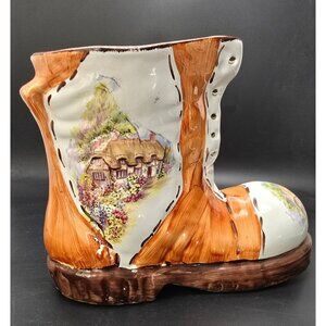 Zimba Ware Pottery Boot Hand-Painted Planter Thatched Cottage Scene VL4000